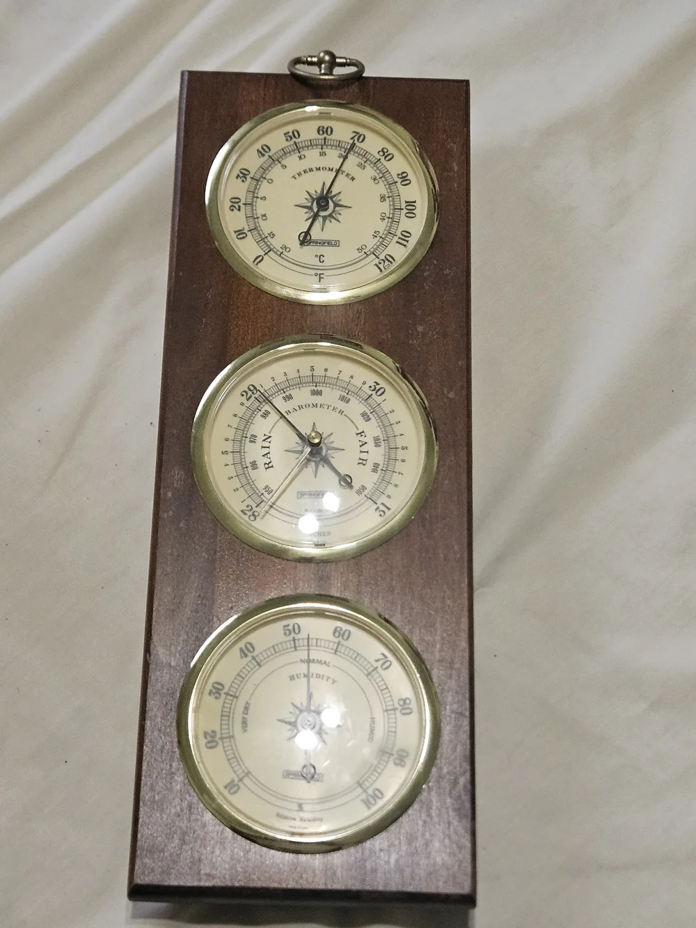 Brown Wood Wall Weather Station with Cream Dials